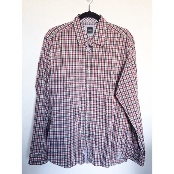 Hugo Boss Button Down Shirt Plaid Regular Fit Burgundy Red Navy Blue Office Work - Picture 1 of 5